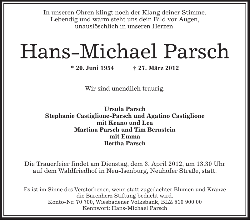  Traueranzeige für Hans-Michael Parsch vom 29.03.2012 aus OFFENBACH-POST/HANAU-POST
