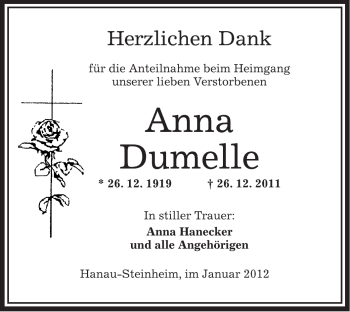 Traueranzeige von Anna Dumelle von OFFENBACH-POST/HANAU-POST