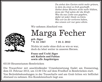 Traueranzeige von Marga Fecher von OFFENBACH-POST/HANAU-POST