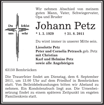 Traueranzeige von Johann Petz von OFFENBACH-POST/HANAU-POST