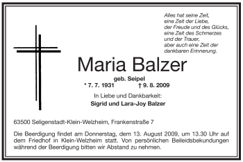 Traueranzeige von Maria Balzer von OFFENBACH-POST/HANAU-POST