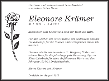 Traueranzeige von Eleonore Krämer von OFFENBACH-POST/HANAU-POST