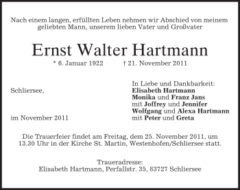 Traueranzeige von Ernst Walter Hartmann von OFFENBACH-POST/HANAU-POST