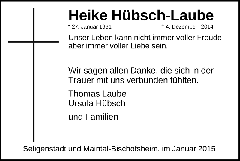  Traueranzeige für Heike Hübsch-Laube vom 28.01.2015 aus Offenbach