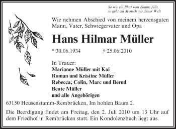 Traueranzeige von Hans Hilmar Müller von OFFENBACH-POST/HANAU-POST