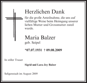 Traueranzeige von Maria Balzer von OFFENBACH-POST/HANAU-POST