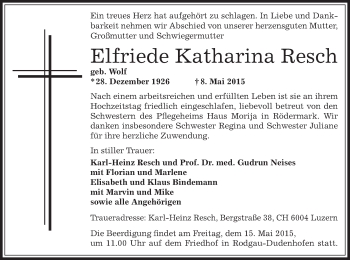 Traueranzeige von Elfriede Katharina Resch von Offenbach