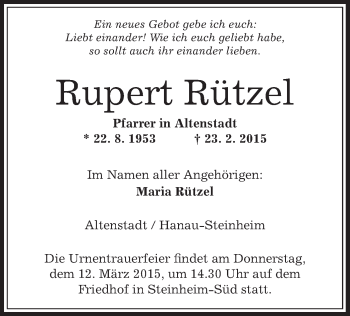 Traueranzeige von Rupert Rützel von Offenbach