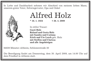 Traueranzeige von Alfred Holz von OFFENBACH-POST/HANAU-POST