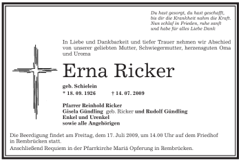 Traueranzeige von Erna Ricker von OFFENBACH-POST/HANAU-POST