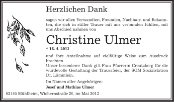 Traueranzeige von Christine Ulmer von OFFENBACH-POST/HANAU-POST