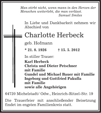 Traueranzeige von Charlotte Herbeck von OFFENBACH-POST/HANAU-POST