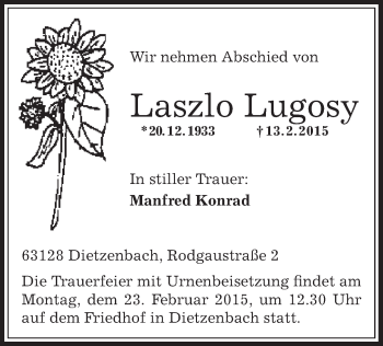 Traueranzeige von Laszlo Lugosy von Offenbach