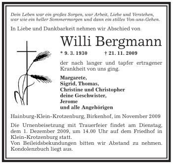 Traueranzeige von Willi Bergmann von OFFENBACH-POST/HANAU-POST