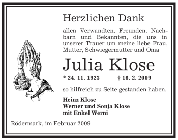 Traueranzeige von Julia Klose von OFFENBACH-POST/HANAU-POST