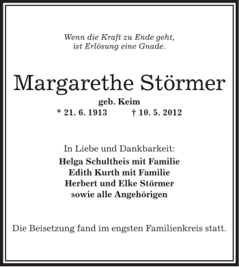 Traueranzeige von Margarethe Störmer von OFFENBACH-POST/HANAU-POST