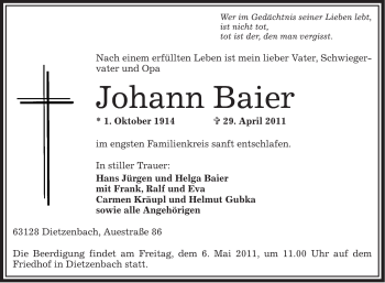 Traueranzeige von Johann Baier von OFFENBACH-POST/HANAU-POST