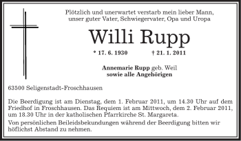 Traueranzeige von Willi Rupp von OFFENBACH-POST/HANAU-POST