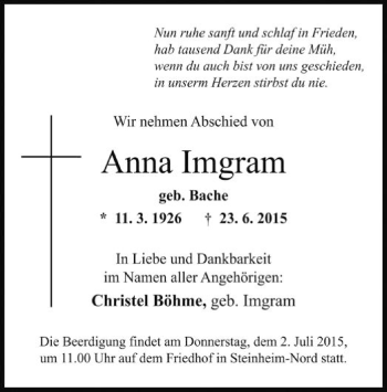 Traueranzeige von Anna Imgram von Offenbach