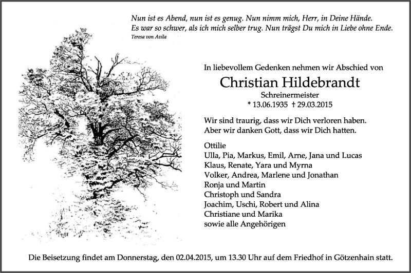  Traueranzeige für Christian Hildebrandt vom 31.03.2015 aus Offenbach