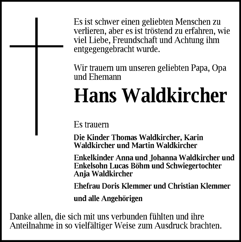  Traueranzeige für Hans Waldkircher vom 15.01.2014 aus Rheinmain