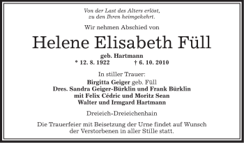 Traueranzeige von Helene Elisabeth Füll von OFFENBACH-POST/HANAU-POST