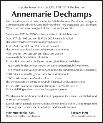 Traueranzeige von Annemarie Dechamps von Offenbach