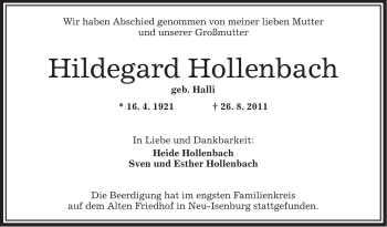 Traueranzeige von Hildegard Hollenbach von OFFENBACH-POST/HANAU-POST