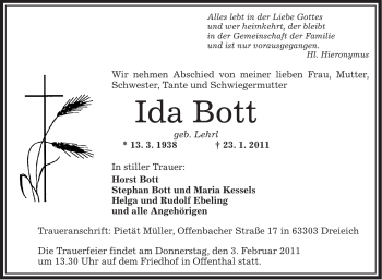 Traueranzeige von Ida Bott von OFFENBACH-POST/HANAU-POST