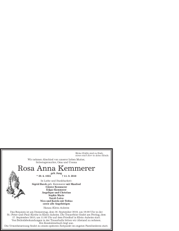 Traueranzeige von Rosa Anna Kemmerer von OFFENBACH-POST/HANAU-POST