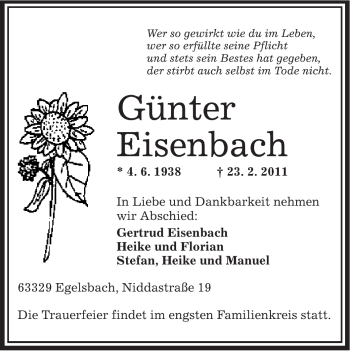 Traueranzeige von Günter Eisenbach von OFFENBACH-POST/HANAU-POST