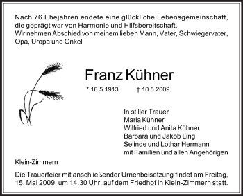 Traueranzeige von Franz Kühner von OFFENBACH-POST/HANAU-POST