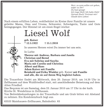 Traueranzeige von Liesel Wolf von OFFENBACH-POST/HANAU-POST