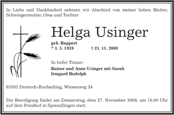 Traueranzeige von Helga Usinger von OFFENBACH-POST/HANAU-POST