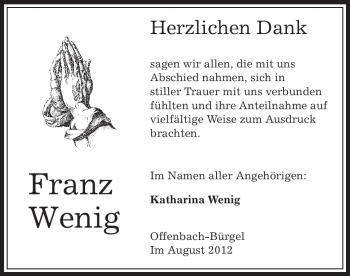 Traueranzeige von Franz Wenig von OFFENBACH-POST/HANAU-POST