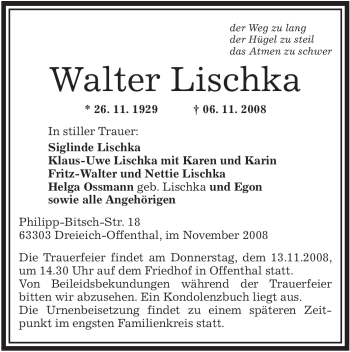 Traueranzeige von Walter Lischka von OFFENBACH-POST/HANAU-POST