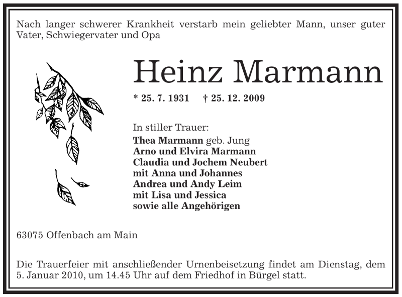  Traueranzeige für Heinz Marmann vom 02.01.2010 aus OFFENBACH-POST/HANAU-POST