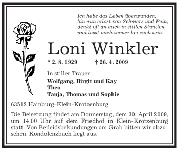 Traueranzeige von Loni Winkler von OFFENBACH-POST/HANAU-POST