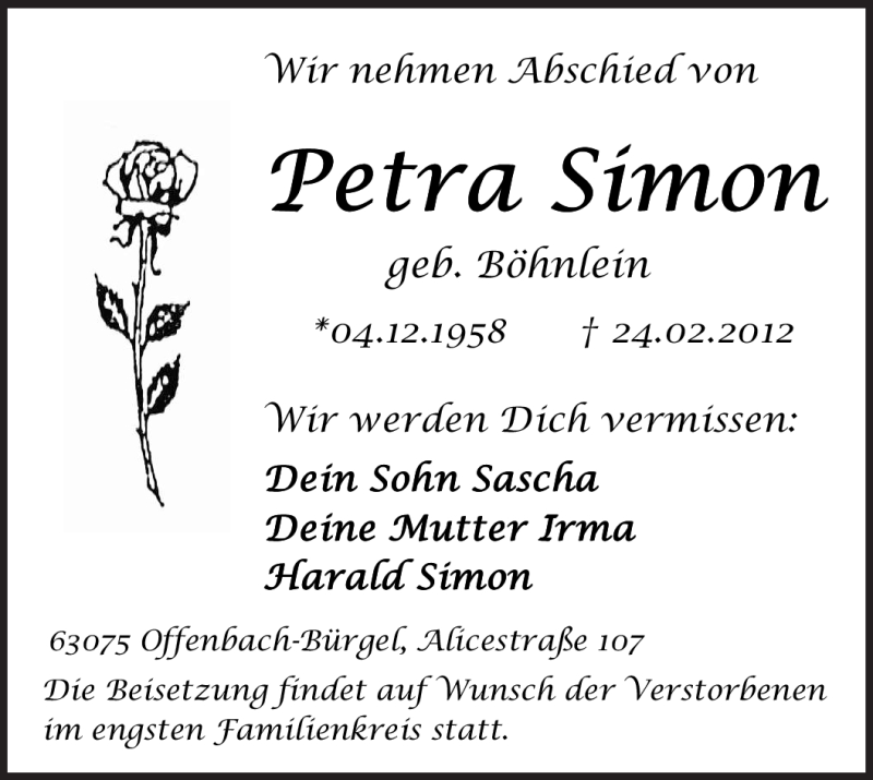  Traueranzeige für Petra Simon vom 03.03.2012 aus OFFENBACH-POST/HANAU-POST