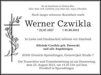 Traueranzeige von Werner Czwikla von OFFENBACH-POST/HANAU-POST