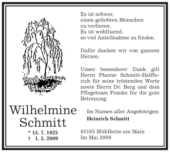 Traueranzeige von Wilhelmine Schmitt von OFFENBACH-POST/HANAU-POST