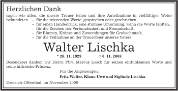 Traueranzeige von Walter Lischka von OFFENBACH-POST/HANAU-POST