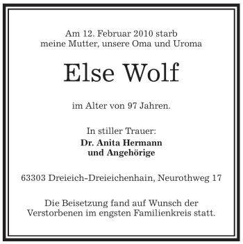 Traueranzeige von Else Wolf von OFFENBACH-POST/HANAU-POST