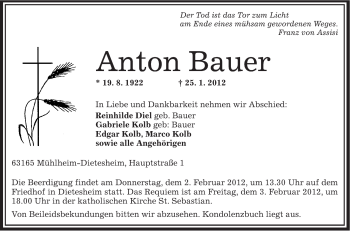 Traueranzeige von Anton Bauer von OFFENBACH-POST/HANAU-POST