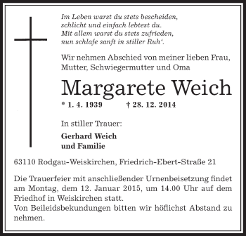 Traueranzeige von Margarete Weich von Offenbach