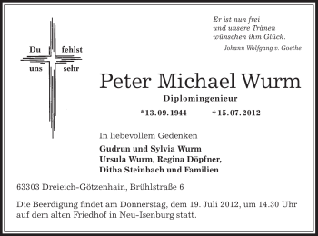 Traueranzeige von Peter Michael Wurm von OFFENBACH-POST/HANAU-POST