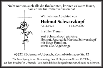 Traueranzeige von Helmut Schwarzkopf von OFFENBACH-POST/HANAU-POST