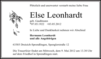 Traueranzeige von Else Leonhardt von OFFENBACH-POST/HANAU-POST