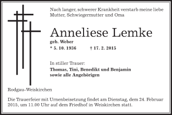 Traueranzeige von Anneliese Lemke von Offenbach