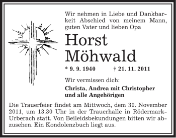 Traueranzeige von Horst Möhwald von OFFENBACH-POST/HANAU-POST